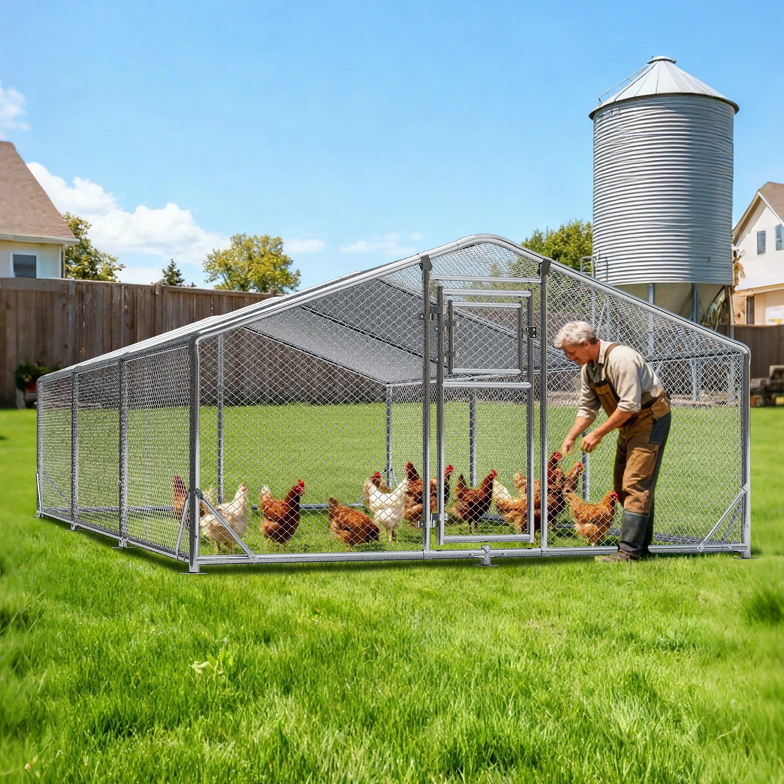 WUKHG Large Walk-in Chicken Coop - Metal Enclose Chicken Coops with Roof, Outdoor Cage Dog Kennel, Predator Protection for Backyard Animals, 9.8x19.7x6.4ft