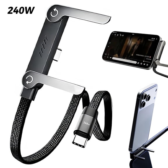 VTIN 240W Sideways Charging Cable – 2-in-1 Fast Charge Type-C Cord with Invisible Phone Stand, Braided Foldable Holder Charger for Smartphones & Tablets