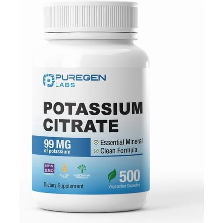 Puregen Labs Potassium Citrate Supplement Vegetarian Capsules, 99 mg Elemental Potassium, Non-GMO, Gluten-Free, 500 Count