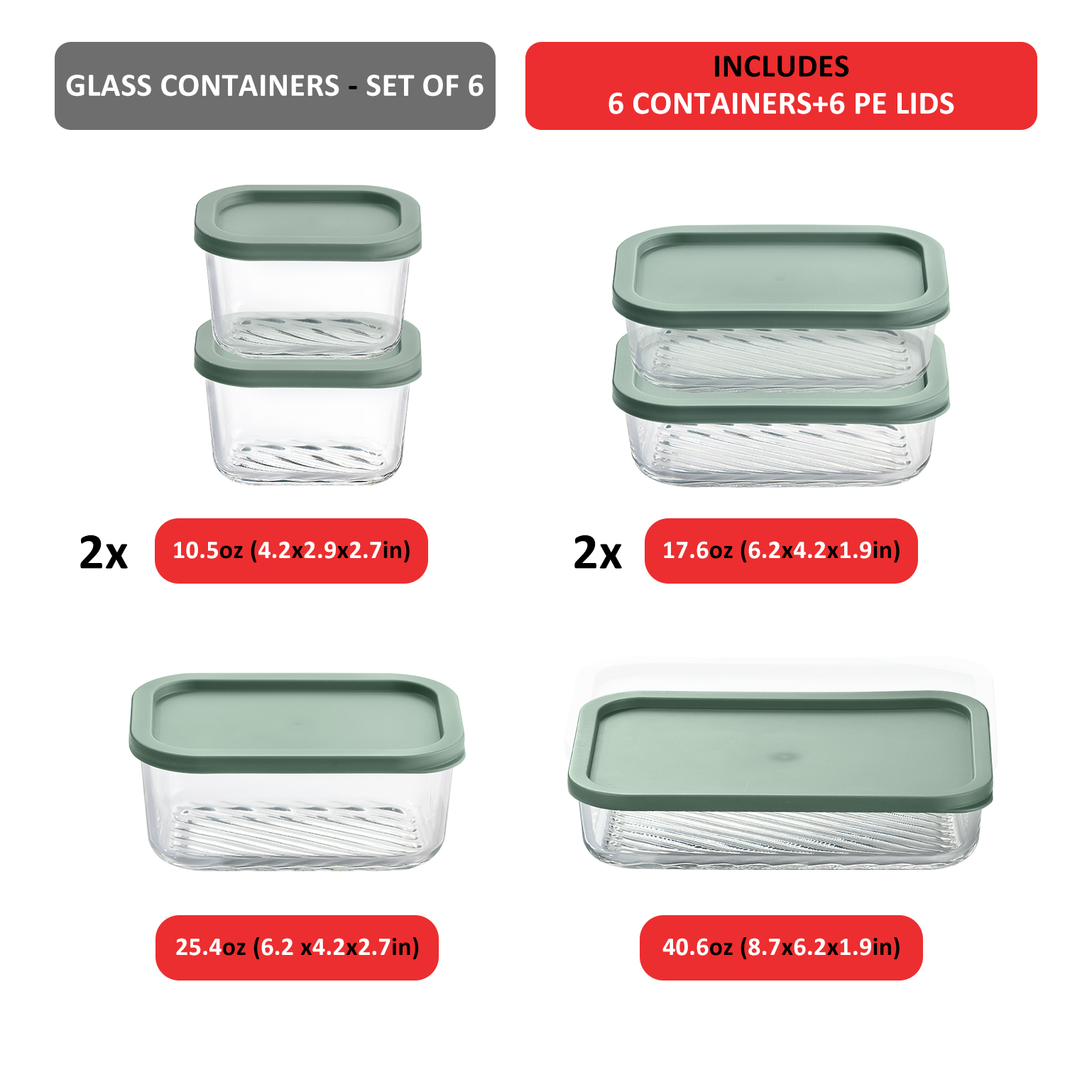 Lamma Loe Glass Storage Containers with Lids, 12 Piece Meal Prep Containers, Oven to Freezer Safe, Stackable, Glass Food Storage Containers, Sage Green