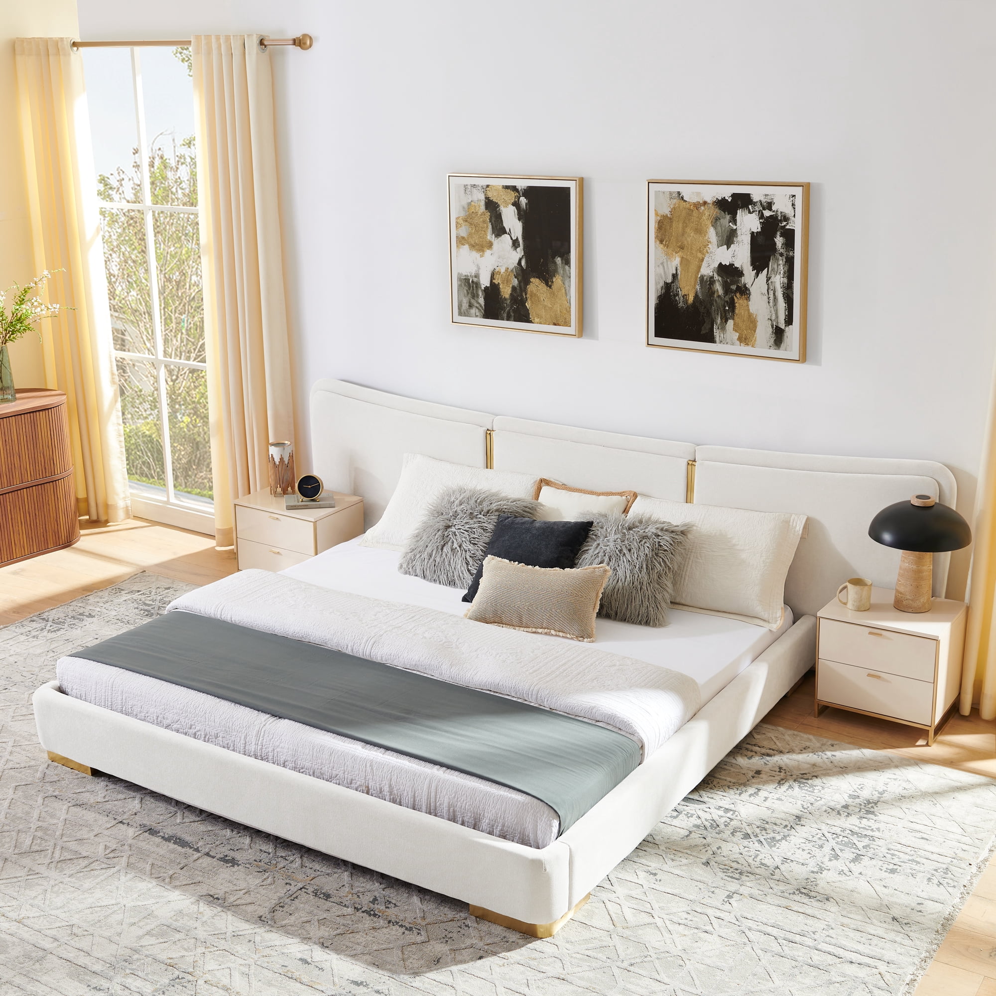 King Size Platform Bed with Extra Large Curved Headboard in Beige