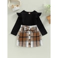 thumbnail image 2 of Kids Girls Dress Suit Long Sleeve Round Neck Ruffle Ribbed Sweater Tops + Plaid Print Button Skirt Outfits Set, 2 of 9