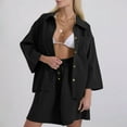 thumbnail image 2 of Women's 2 Piece Outfits Cotton Linen Casual Set Single Row Button Loose Sleeve Lapel Top Pocket Drawstring Shorts Set (XL, Black), 2 of 5