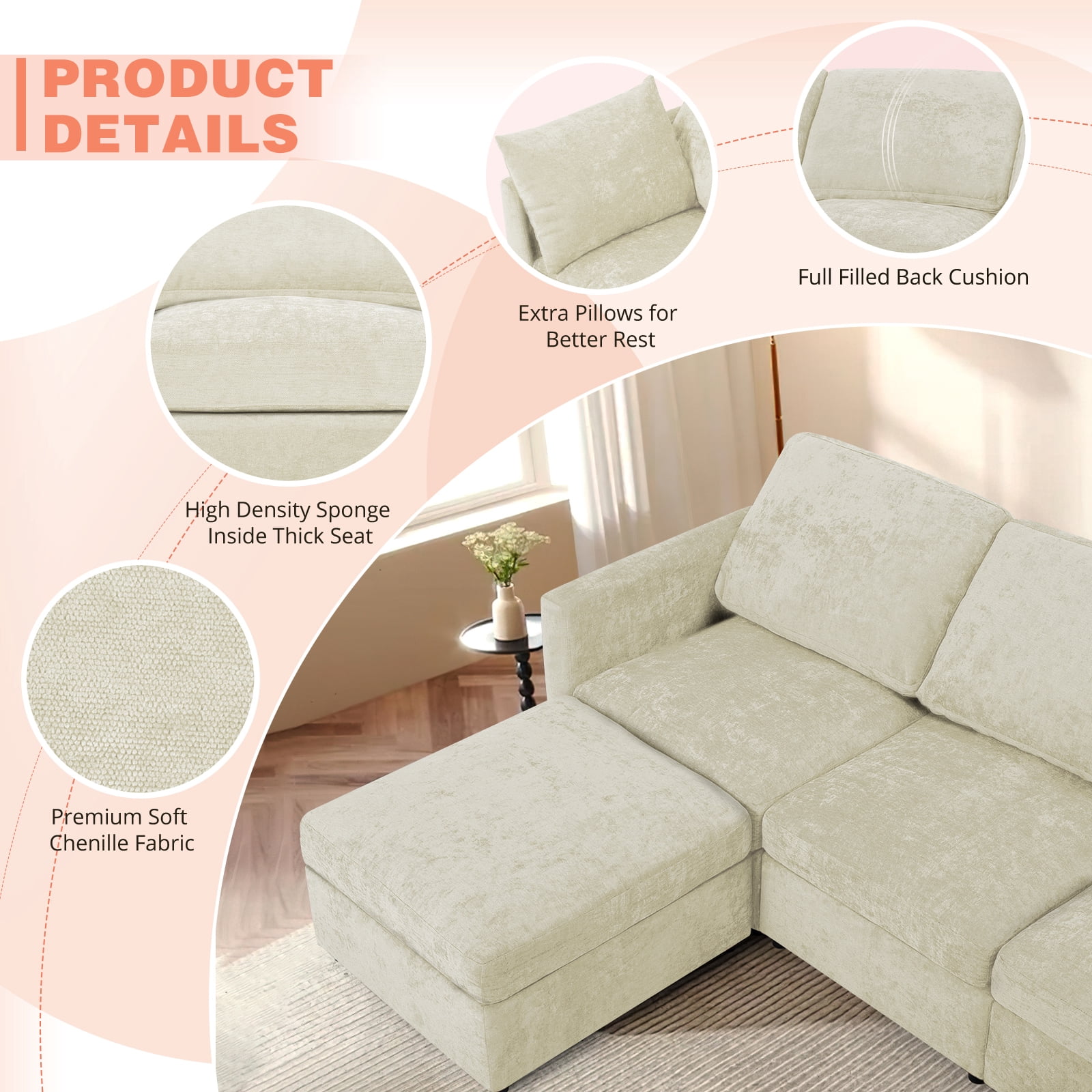 ACMEASE 84” Chenille 3 Seats Sofa W/Movable Ottoman, Modern Fabric L-Shaped Couch with Soft Backrest, Upholstered Sectional Sofa with Armrest Pillows for Living Room, Office, Beige