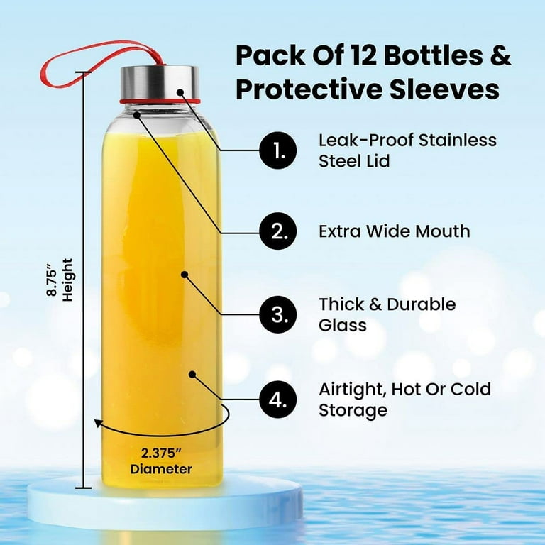 18 oz Glass Water Bottles, Juicing Containers with Loop Caps 6 Pack