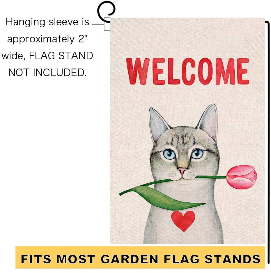 Cat Welcome Valentine's Day Small Garden Flag Spring Red Tulip Vertical Double x 