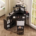 thumbnail image 2 of Corner Vanity Desk Set with Storage Cushioned Stool and Charging Station, Triangle Makeup Desk with Removable Pull-Out Side Cabinet, Glass Tabletop Makeup Vanity Desk with Drawer and Shelf, 2 of 5