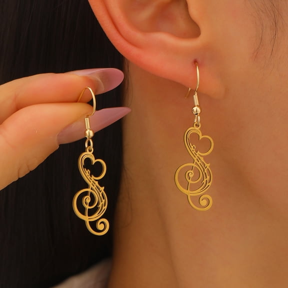 SmartBy 1 Pair Women Earrings 304 Stainless Steel Lightweight Hollow Design Music Note Heart Shape Hook Earrings Jewelry Gift
