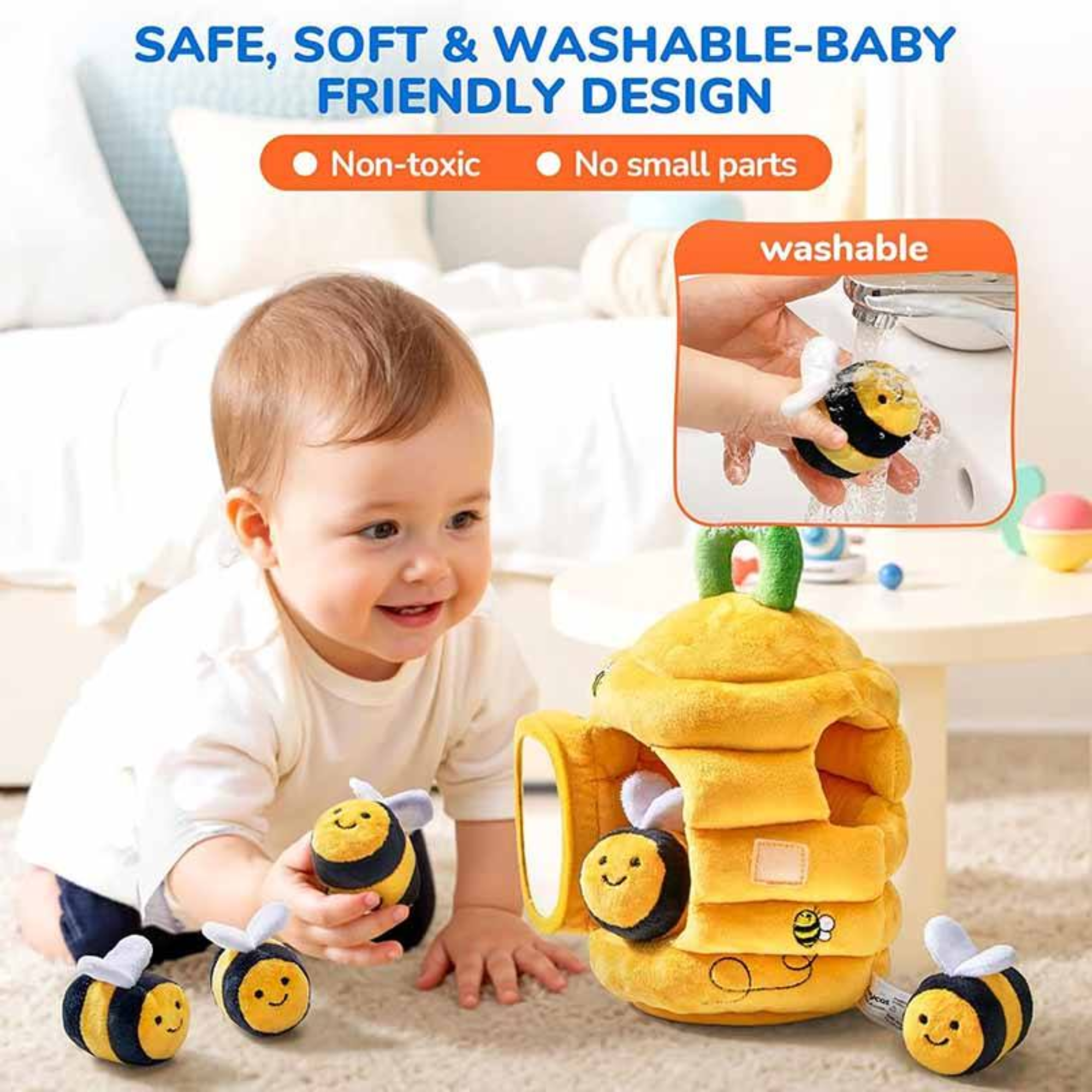 Baby Beehive Plush Toy with 5 Sensory Rattle Crinkle & Squeaker, Soft Stuffed Animal for Infants 6-12 Months, Educational Busy Toy for Toddler 0-3 Years Old Boy Girl Developmental Play,6pcs