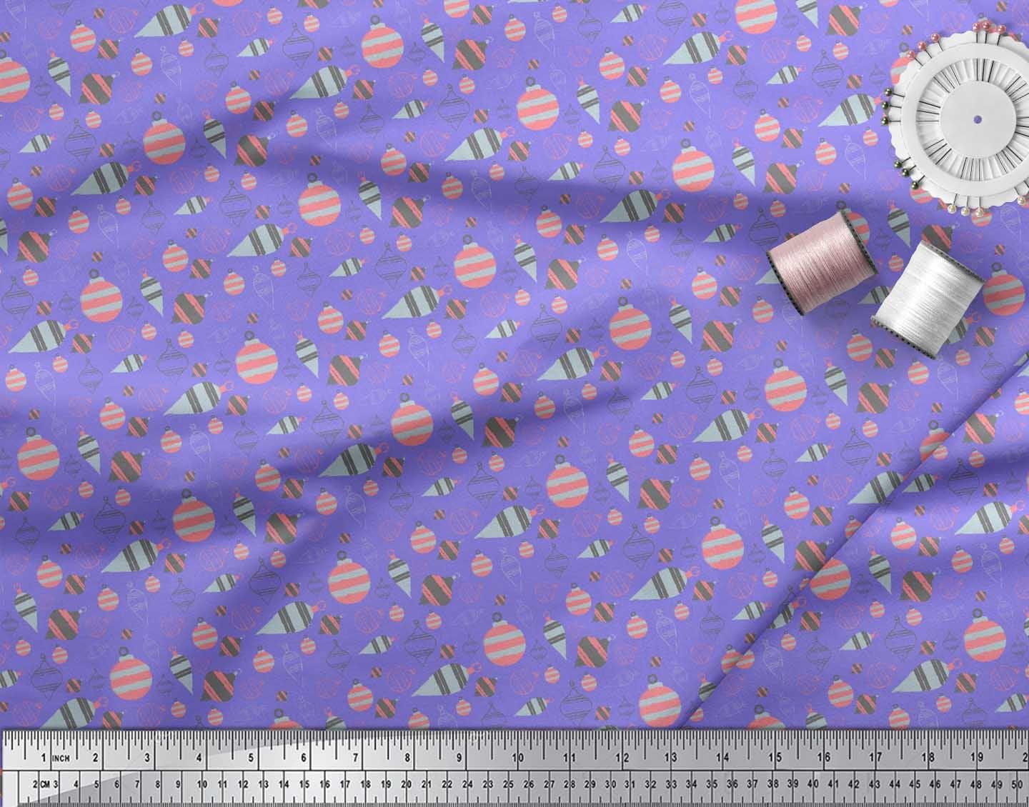 Soimoi Purple polyester Crepe Fabric Baubles Christmas Print Fabric by the Yard 52 Inch Wide