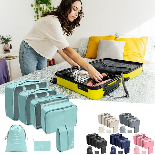 Mejor set de cubos de embalaje para viajes - Organizador de malla de 7 piezas para maleta, ropa, zapatos y artículos de aseo | Bolsas organizadoras de equipaje plegables y portátiles