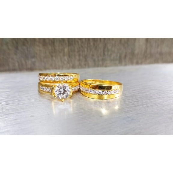 Diastar Jewels 14K Yellow Gold Finish Round Cubic Zirconia His-Her Trio Ring Set Engagement Wedding Band
