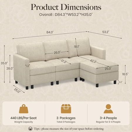 84.3 Inch 4 Seats L Shaped Sectional Sofa with Storage and Washable Covers for Living Room, Beige
