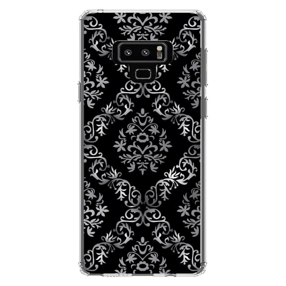 DistinctInk Clear Shockproof Hybrid Case for Samsung Galaxy Note 9 - TPU Bumper, Acrylic Back, Tempered Glass Screen Protector - Black White Silver Grey Damask - Floral Damask Pattern