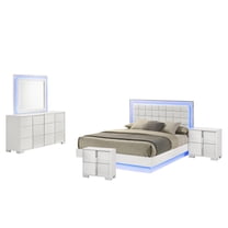 White Wood Lacquer Platform Queen Size Bedroom Set with Blue LED Lighting