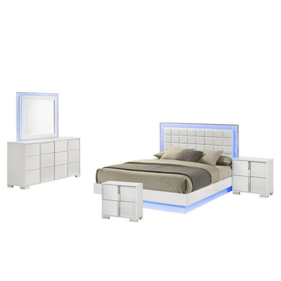 White Wood Lacquer Platform Queen Size Bedroom Set with Blue LED Lighting