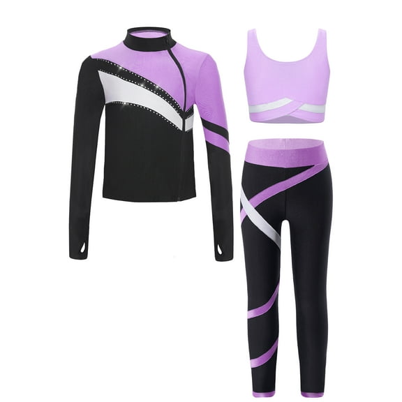 CHICTRY 3 Pcs Kids Girls Figure Skating Outfits Long Sleeve Jacket Sports Bra with Leggings Light Purple 12