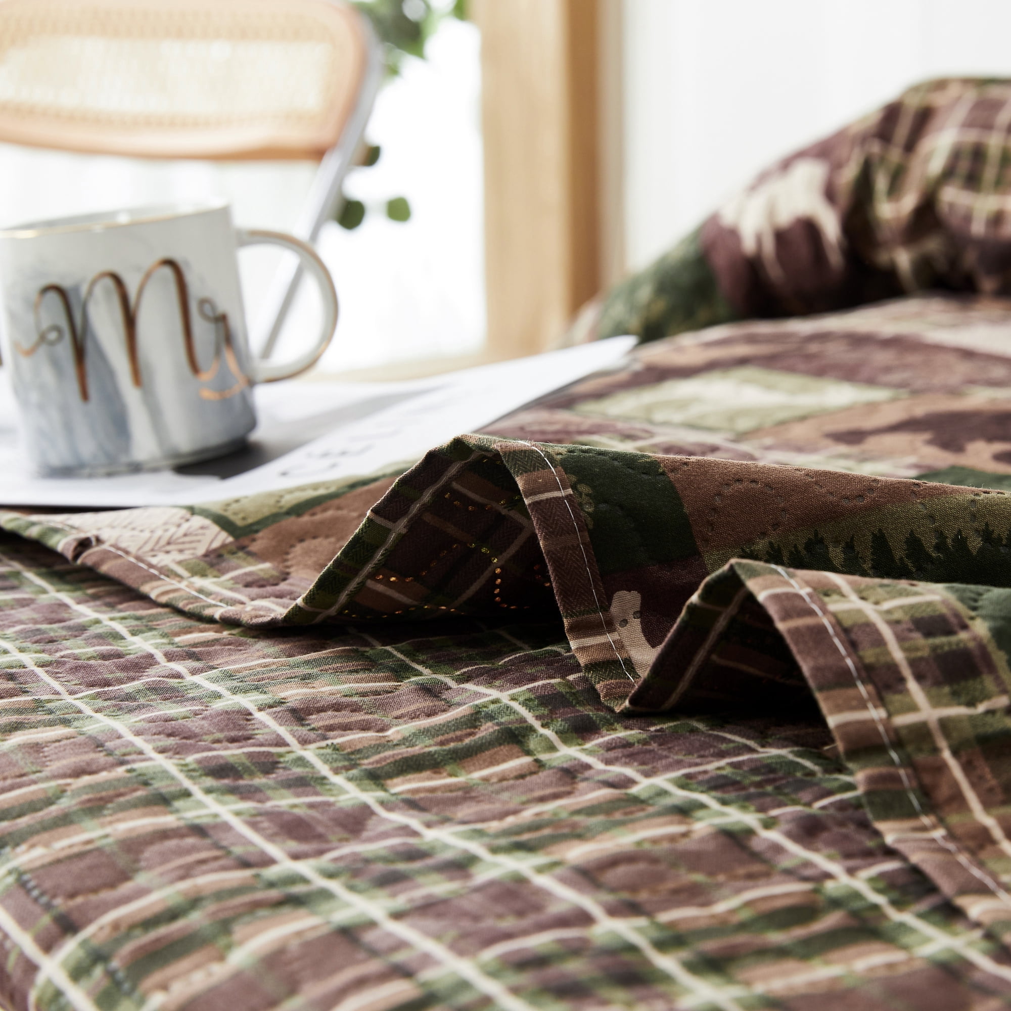 Green Essen Rustic Quilt Sets Queen/Full Size Moose Bear Bedding Reversible Microfiber Bedspread Plaid Coverlet Cabin Decor