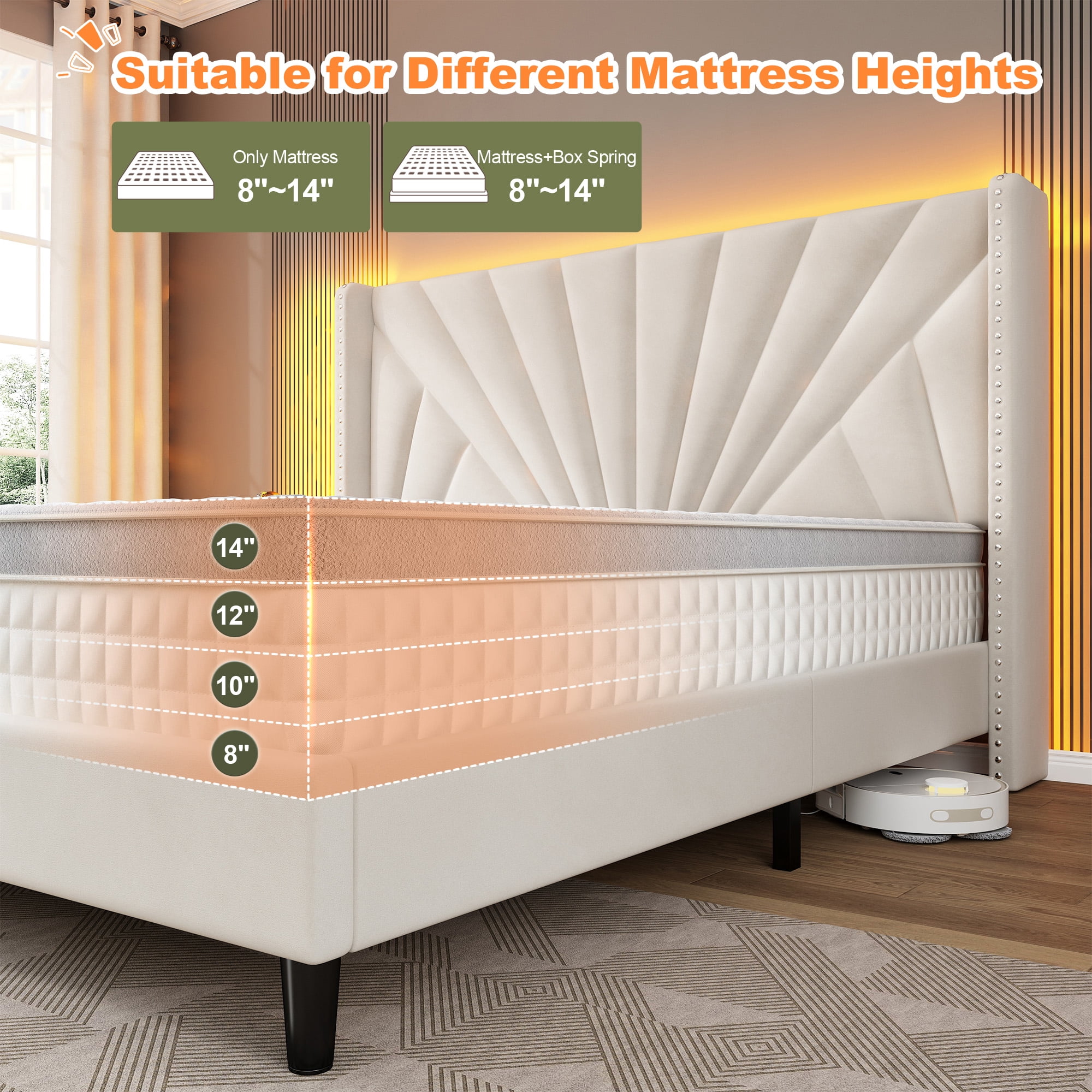 Romorgniz Queen Bed Frame with 51'' Tall Headboard Velvet Upholstered Bed Frame with Charging Station & LED Lights , Beige