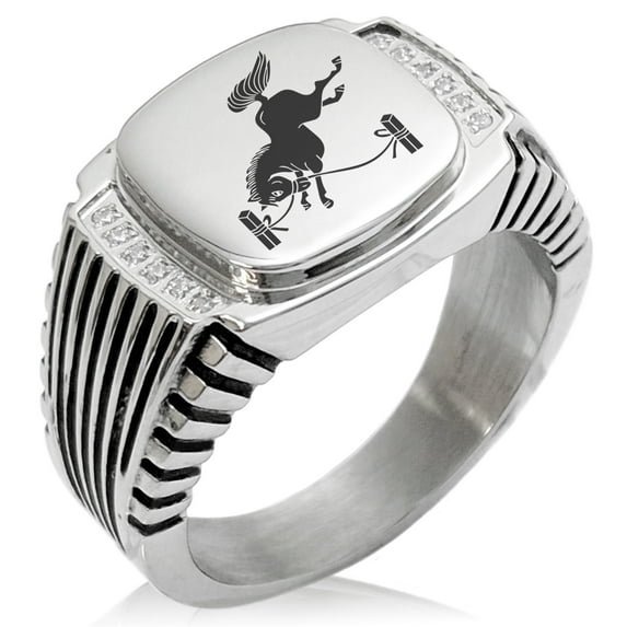 Stainless Steel Soma Samurai Crest CZ Ribbed Needle Stripe Pattern Biker Style Polished Ring