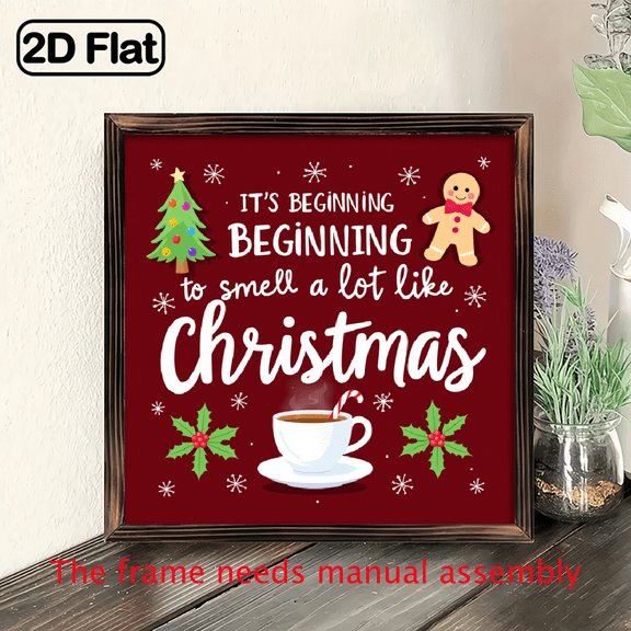 2D Flat Wall Decor, 8x8 Inch Artificial Wood Christmas Wall Art Sign - It'S Beginning to Smell Like Christmas Gingerbread Tree Design, Christmas Gifts For Family For Living Room Bedroom Office Bat