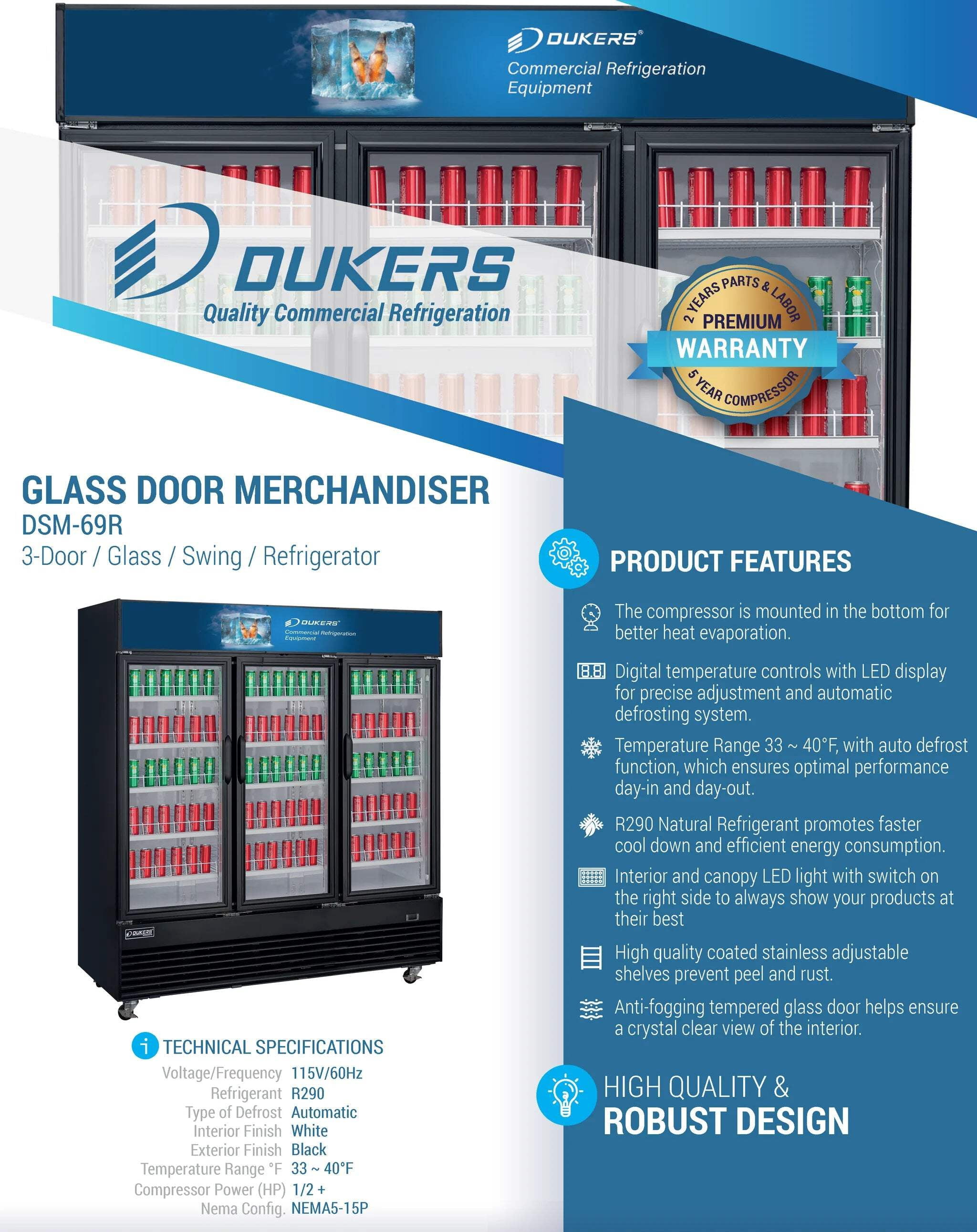Dukers DSM-69R Commercial Glass Swing 3-Door Merchandiser Refrigerator