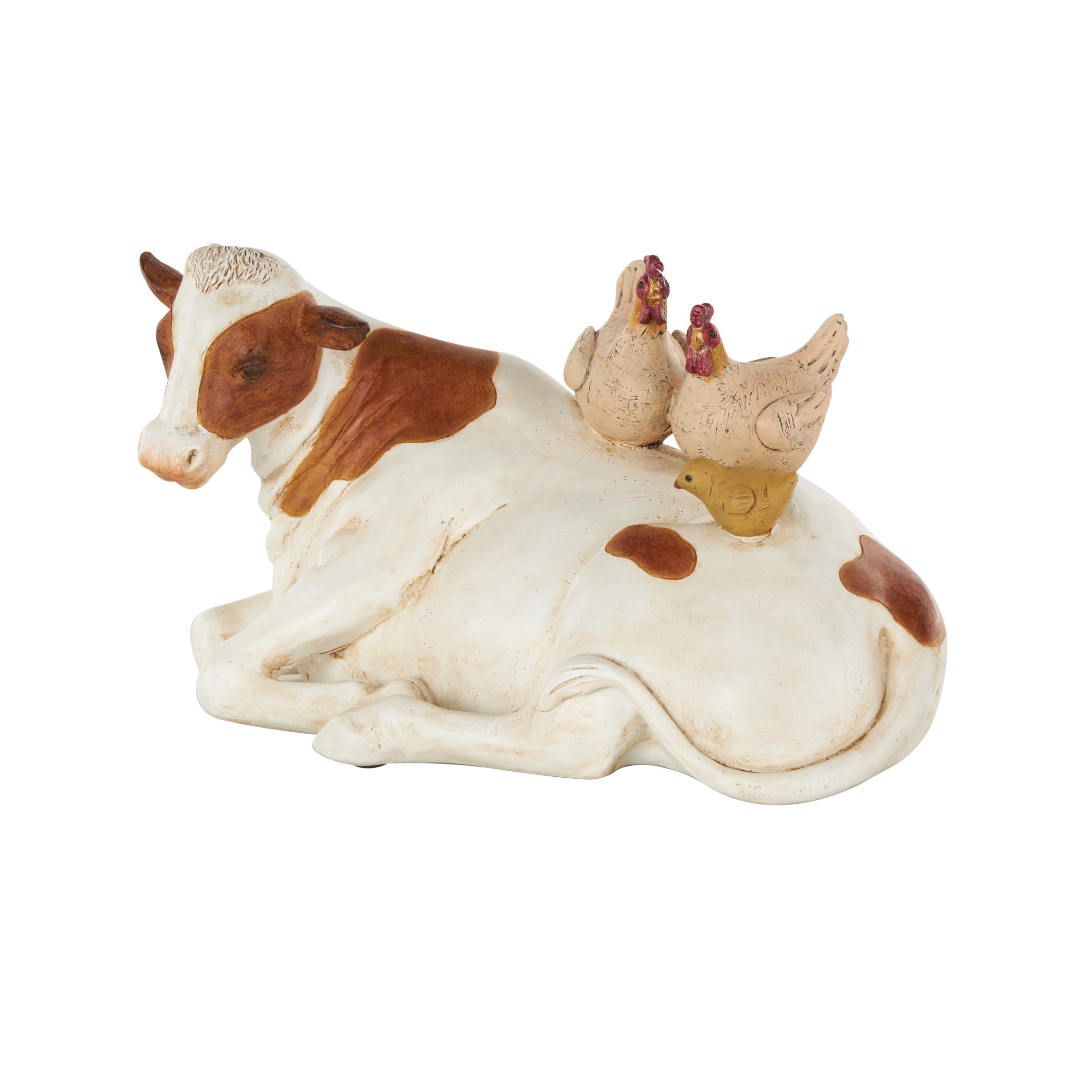 11" x 6" Cream Polyresin Sleeping Cow Sculpture with Sitting Roosters and Chicks, by DecMode