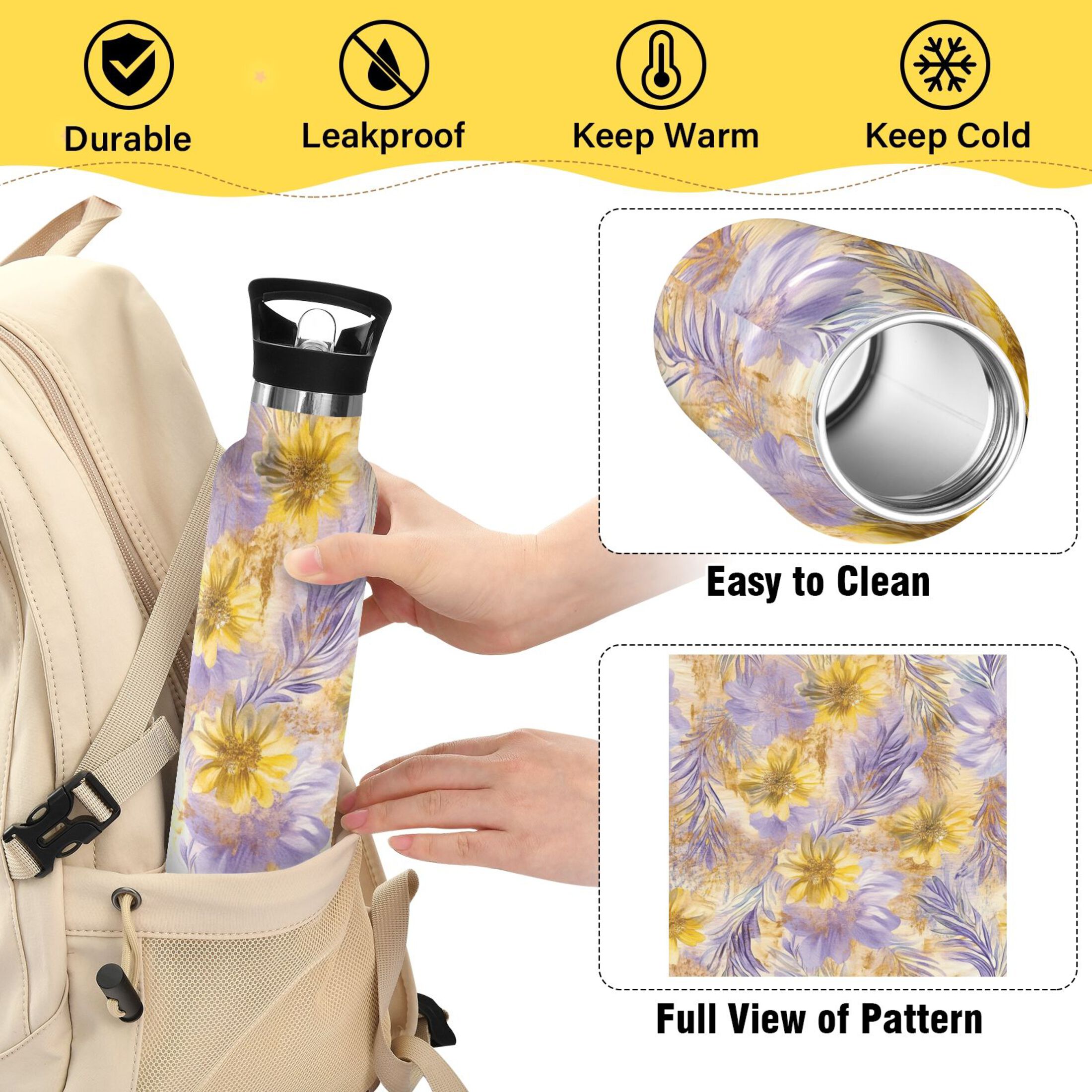 Kids Insulated Stainless Steel Sports Water Bottle 600ml (20oz) Yellow and Lavender Flowers