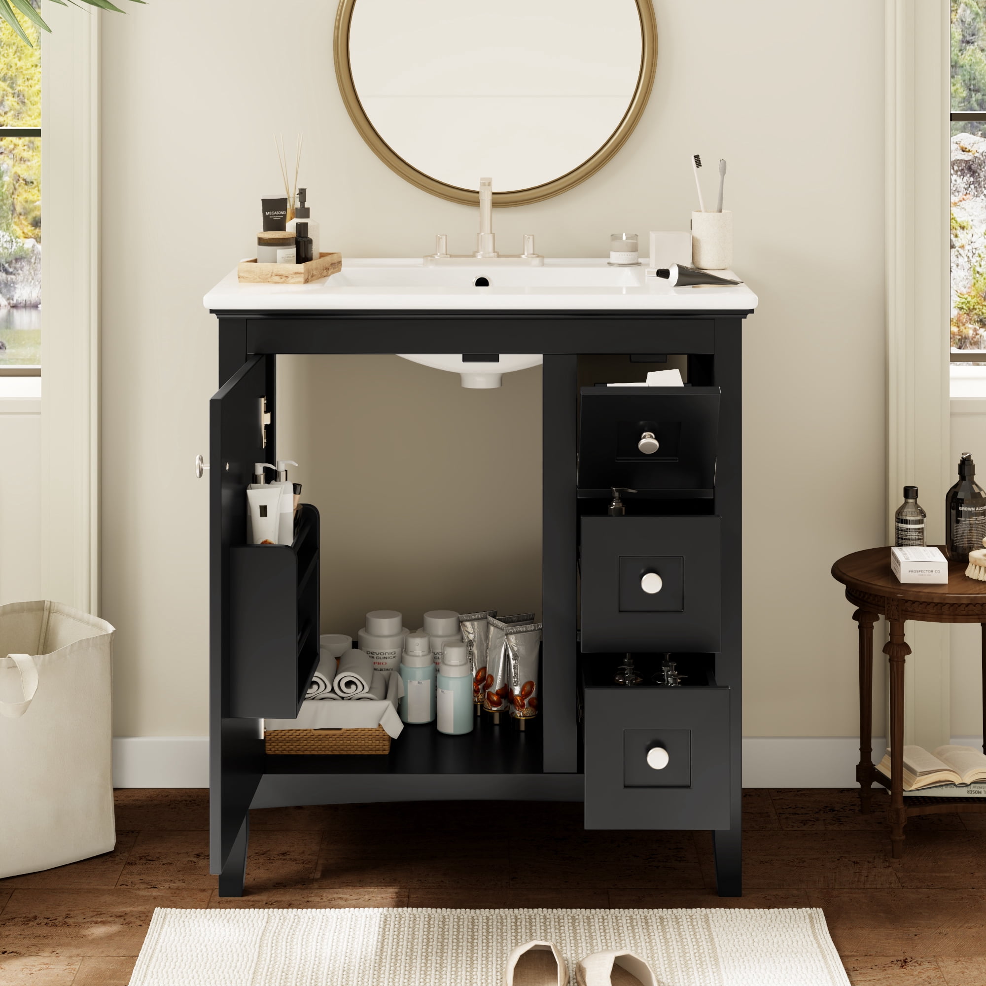 Euroco 30 Inch Bathroom Vanity with Ceramic Sink, Black Bathroom with 3 Drawers, Solid Wood Frame Modern Bathroom Storage Cabinet , Ideal for Home