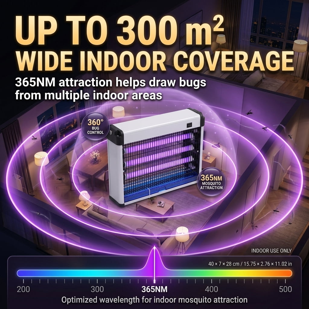 Electric Mosquito Killer 365Nm 4800V, Indoor Bug Zapper And Fly Trap With 300M² Wide Coverage And 360° Bug Control, No Spray No Strong Odor, Protective Outer Grid And Easy-Clean Tray, Targets Mosquit