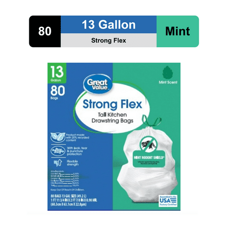 Great Value 13-Gallon Drawstring Strong Flex Tall Kitchen Trash Bags, Mint Scent, 80 Bags