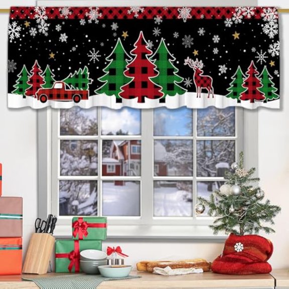 Christmas Valance for Windows, Christmas Trees Kitchen Decor Rod Pocket Valance Curtain, Winter Trees Buffalo Plaid Decorations 54x18 inch Xmas Window Treatment for Bathroom