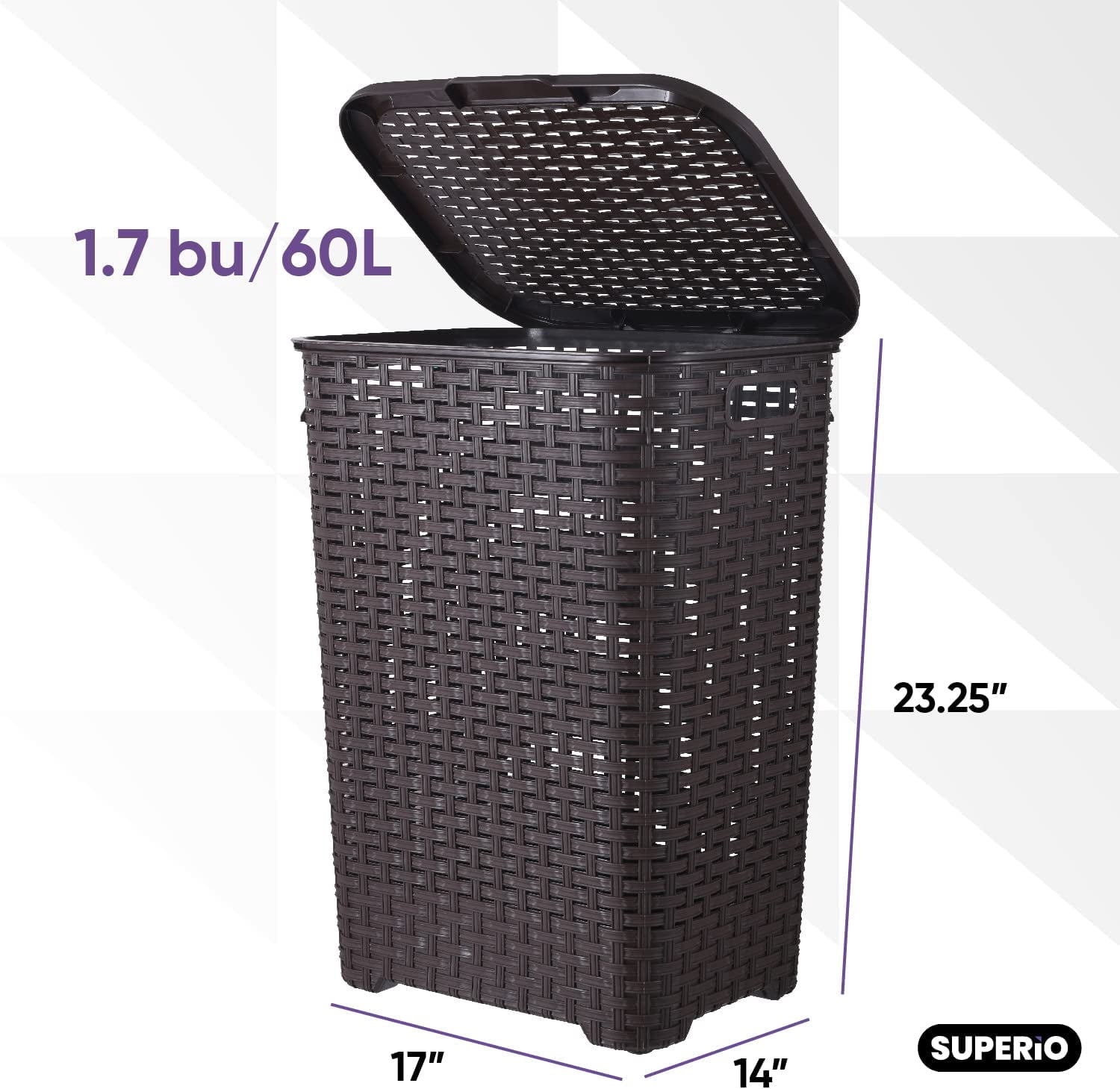 Superio 60L Large Wicker Plastic Laundry Hamper with Lid Root Beer Brown 3 Pack
