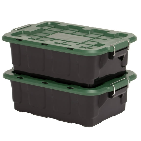 Homz 2 Pack 10-Gallon Plastic Stackable Home Storage Bins with Lids, Black/Green
