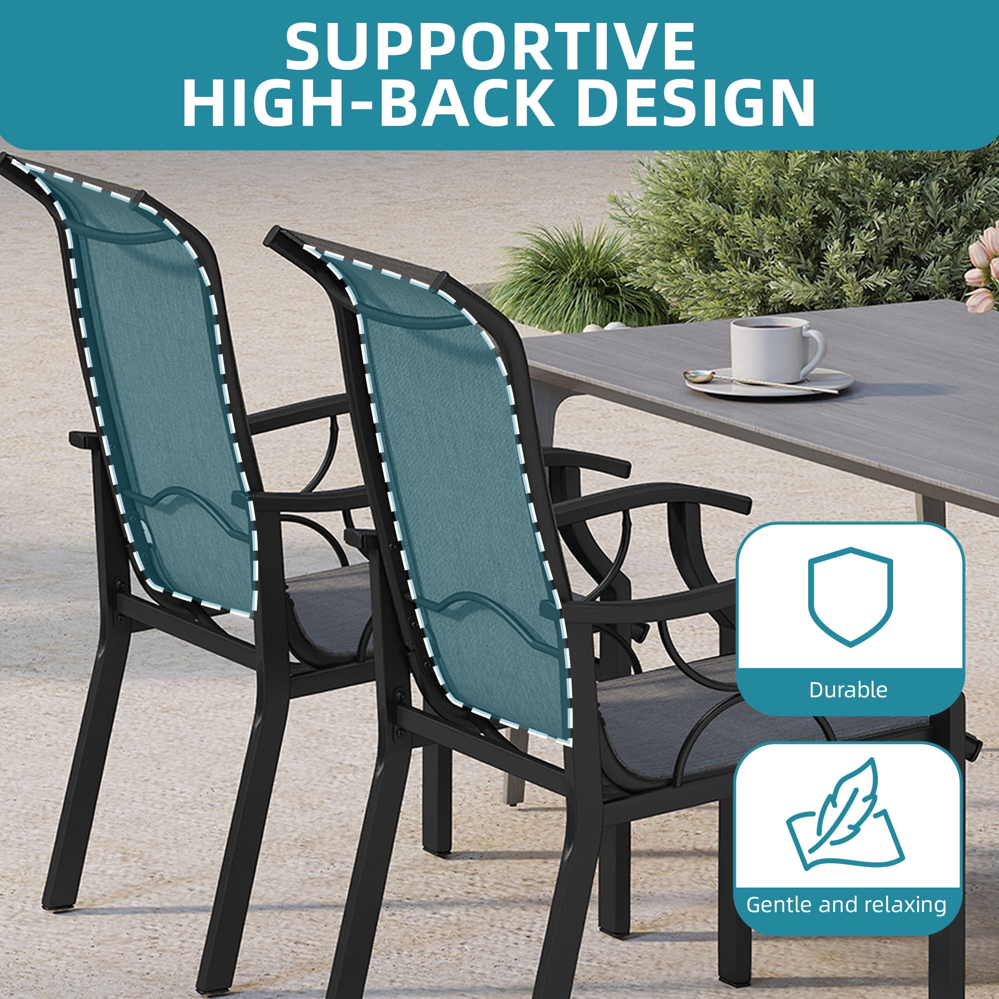 Uforic Patio Dining Chair, Gray Textilene Fabric, Sturdy Iron Frame, Straight Legs, Heavy Duty 150kg Capacity, 2 Pieces per Box for Outdoor Use