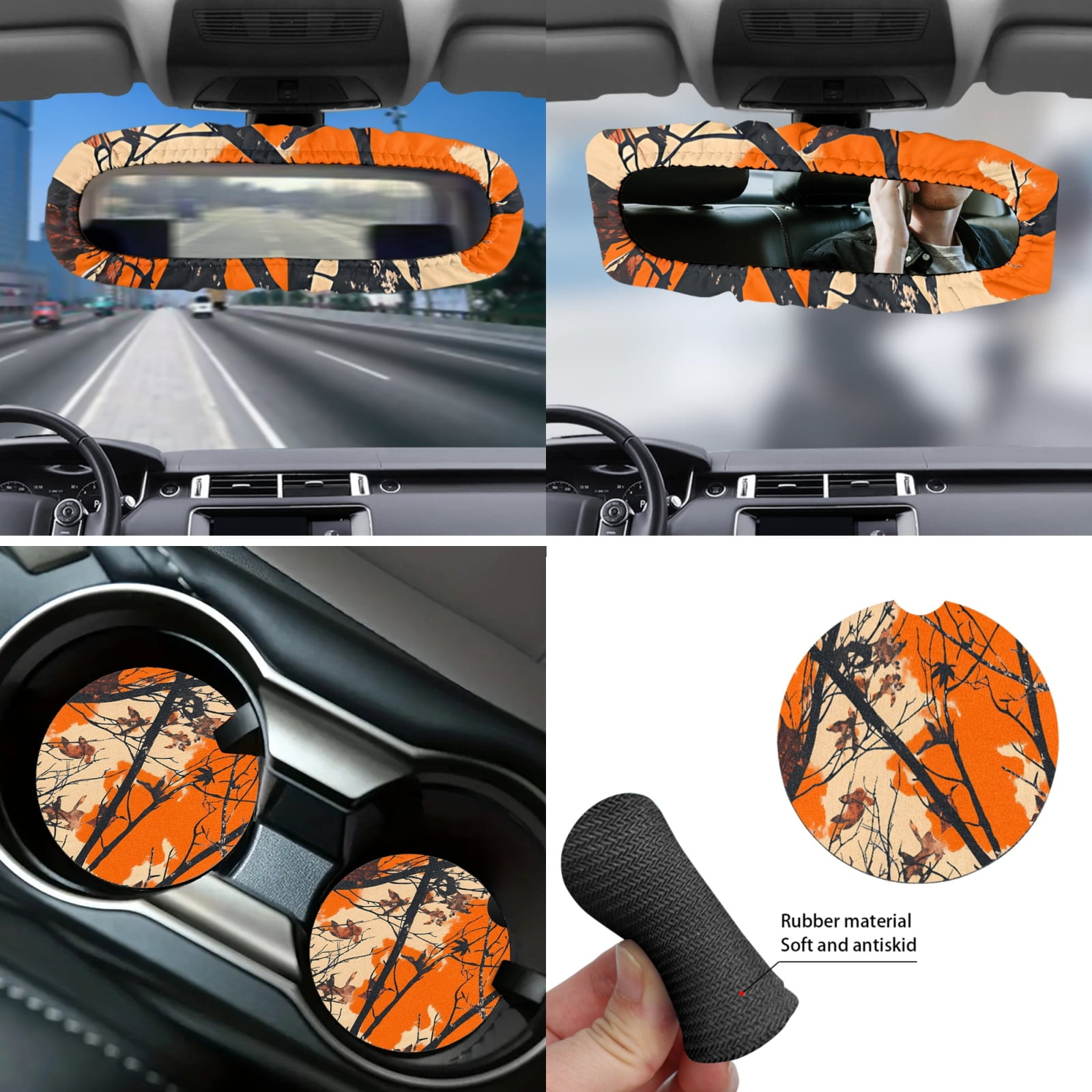Yuyamidu Camo Hunting Car Seat Covers Full Set of 14 Orange Wood Steering Wheel Cover Seat Belt Pad Cover Waste Bin Rear View Mirror Cover Coasters Armrest Cover Handbrake Cover Set Car Decor