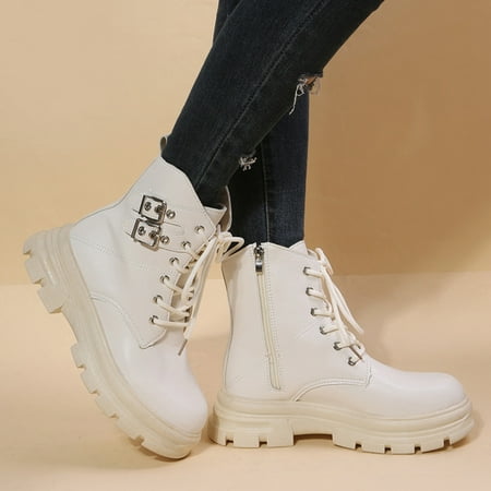 

NEGJ Ladies Fashion Solid Color Side Zipper Belt Buckle Plus Lace Up Platform Boots