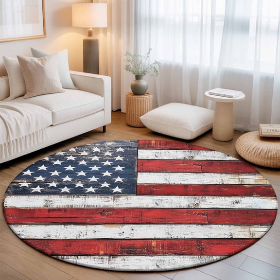 Round Area Rugs 3.3Ft, Vintage American Flag Non-Slip Washable Circle Rugs Carpet, Country Wooden USA Flag Indoor Outdoor Rug Floor Mats Throw Runner for Bedroom Living Room Bathroom