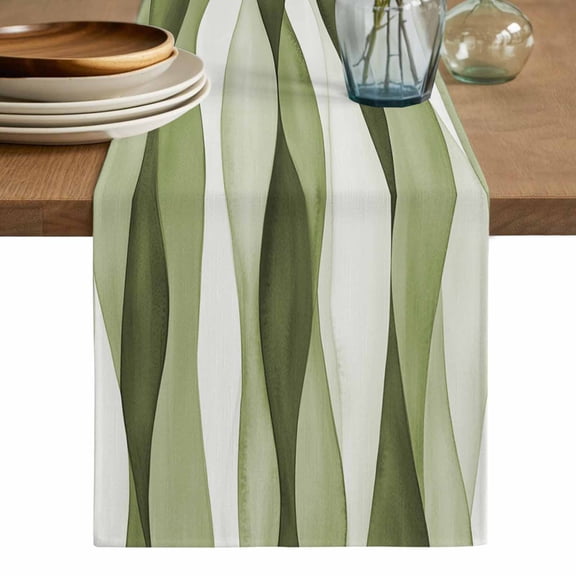 Sage Green Stripes Table Runner, Retro Farmhouse Abstract Ripple Washable Cotton Linen Table Runners 60 Inches Long, Dresser Scarf Runner for Coffee/TV Stands/Kitchen/Cabinets 13''x60''