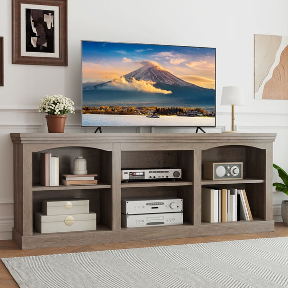 DEXTRUS 70" Farmhouse TV Stand with 6 Shelves for TVs up to 80", Entertainment Centre with Adjustable Shelves and Storage Cabinets, Washed Grey