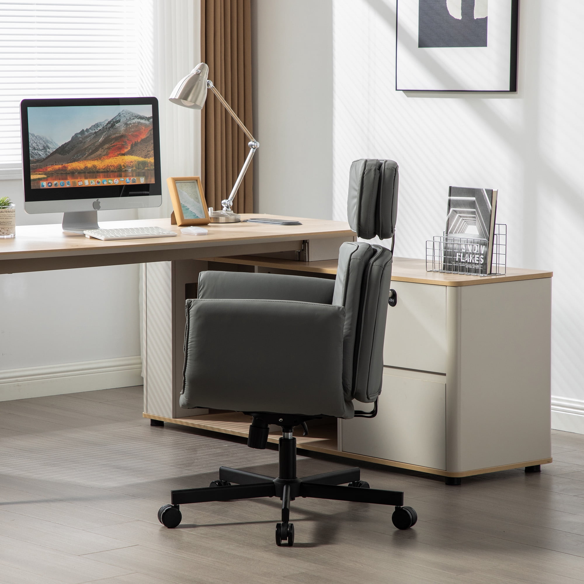 Office Chair, Desk Chair, Task Chair&nbsp;with Adjustable Armrests, PU Leather Criss Cross Chair with Wide Seat and Headrest for Home Office, Gaming, Makeup, Gray