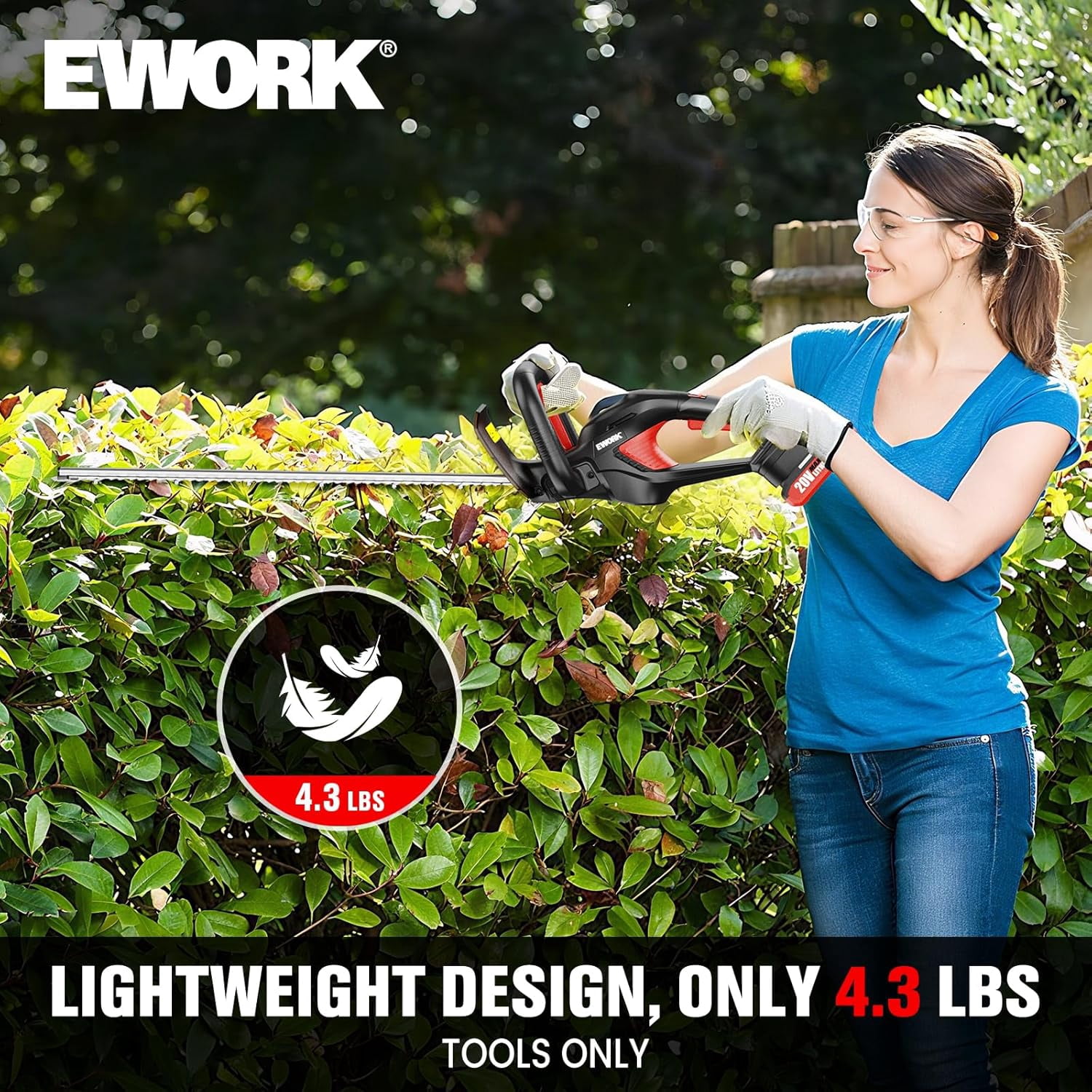 EWORK 22-Inch Cordless Hedge Trimmer, 20V Battery Powered Bush Trimmer, Lightweight Handheld Shrub Trimmer with 2 Batteries and Charger, 5/8-Inch Cutting Capacity for Garden, Yard (Red)