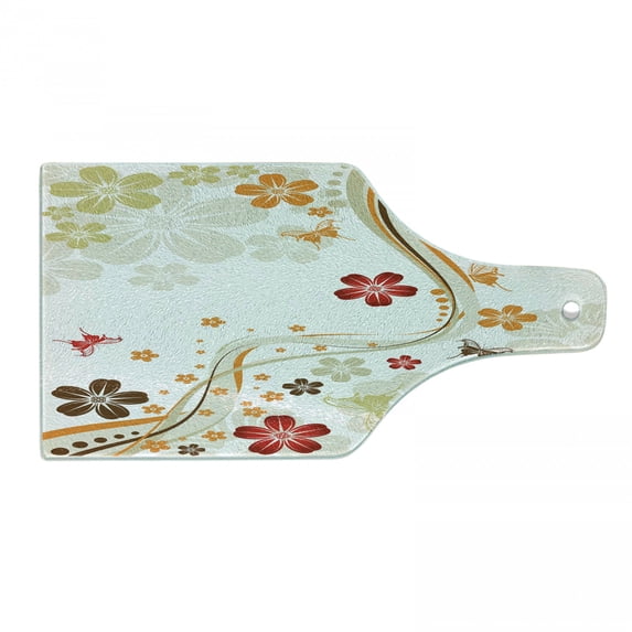 Floral Cutting Board, Swirling Florets Fragrance Botanical Beauty with Wavy Lines Butterflies Spring Theme, Tempered Glass Cutting and Serving Board, Wine Bottle Shape, Multicolor, by Ambesonne
