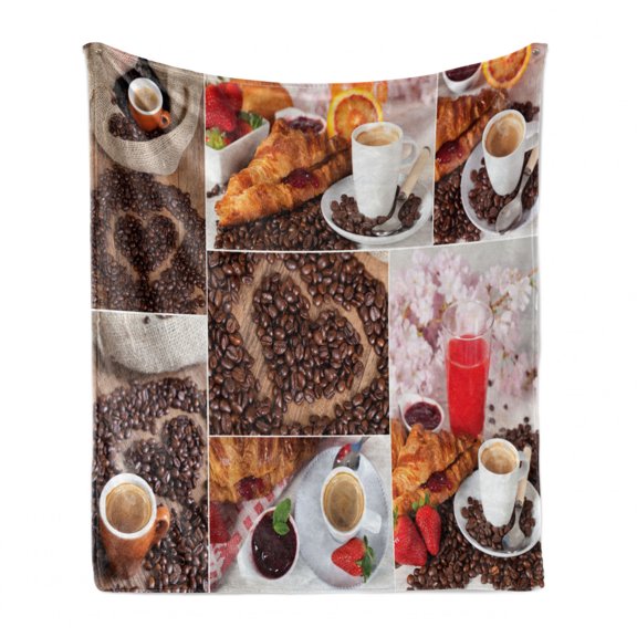 Coffee Soft Flannel Fleece Blanket, Collage of Different Photos Breakfast Theme Croissant Coffee Beans and Strawberries, Cozy Plush for Indoor and Outdoor Use, 50" x 60", Multicolor, by Ambesonne