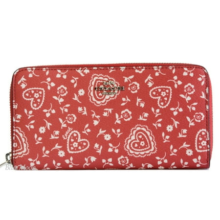 Coach Women's Accordion Zip Wallet w/ Lace Heart Print in Red Multi/Silver