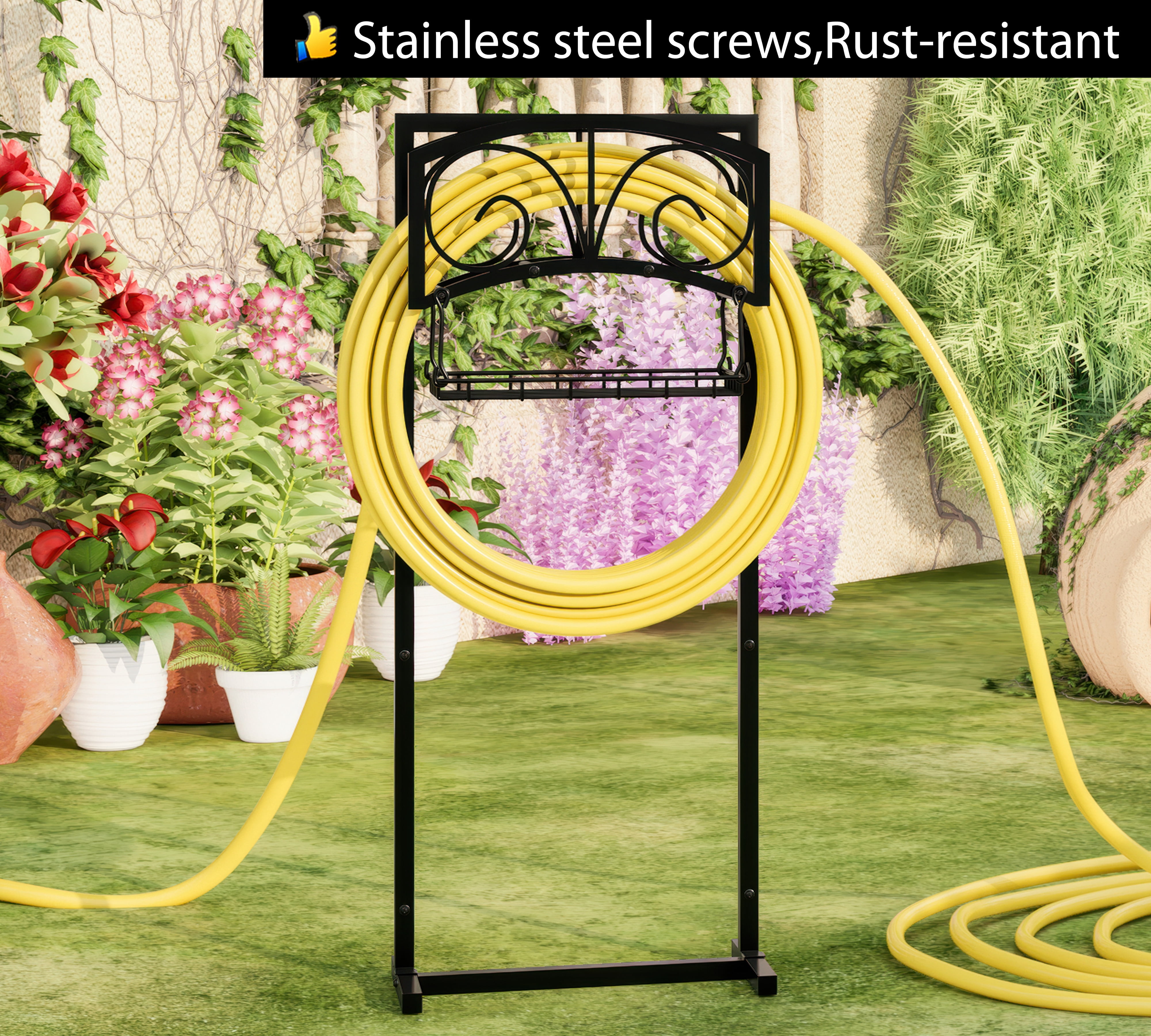 Freestanding Heavy Duty Garden Hose Holder with Storage Basket - In-Ground Outdoor Hose Organizer, Detachable Stake & Reel Stand for Lawn, Yard, Patio, Garden - Rustproof Durable Design - Fire Beauty