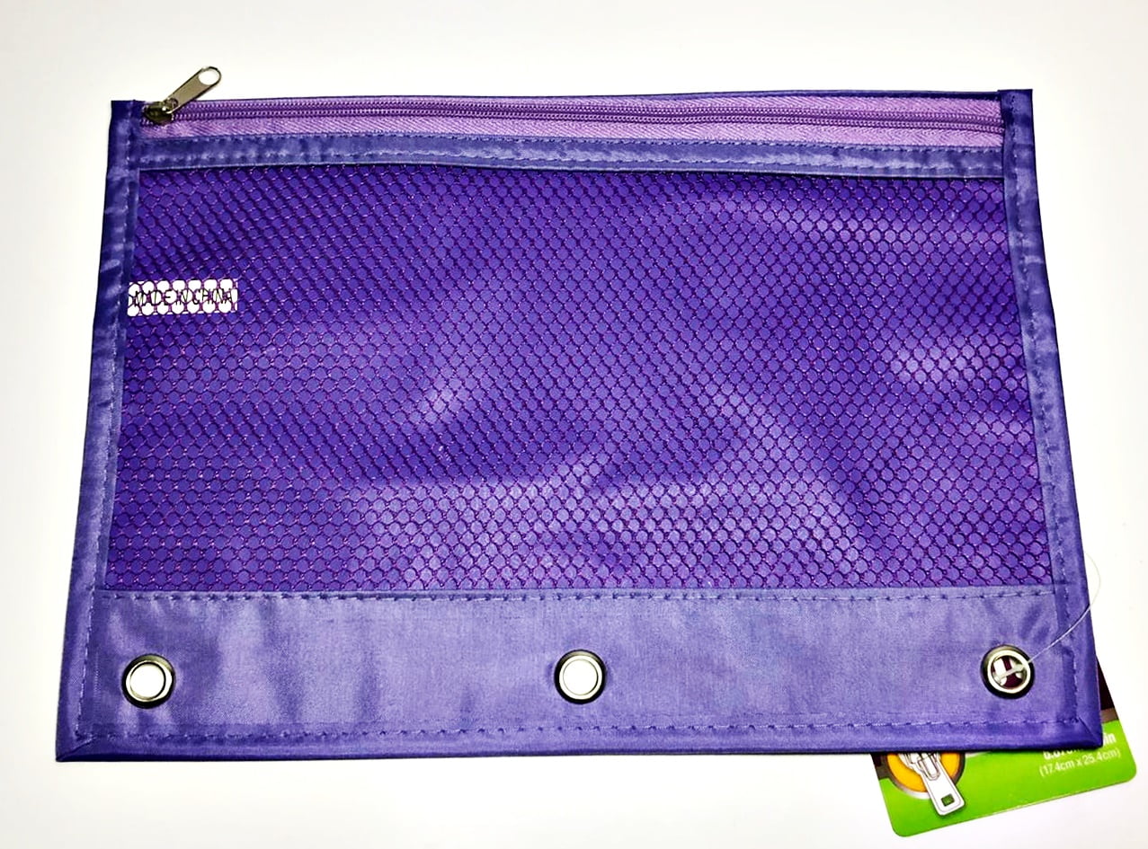 3 Ring Zipper Pencil Pouch with Mesh Window, Purple