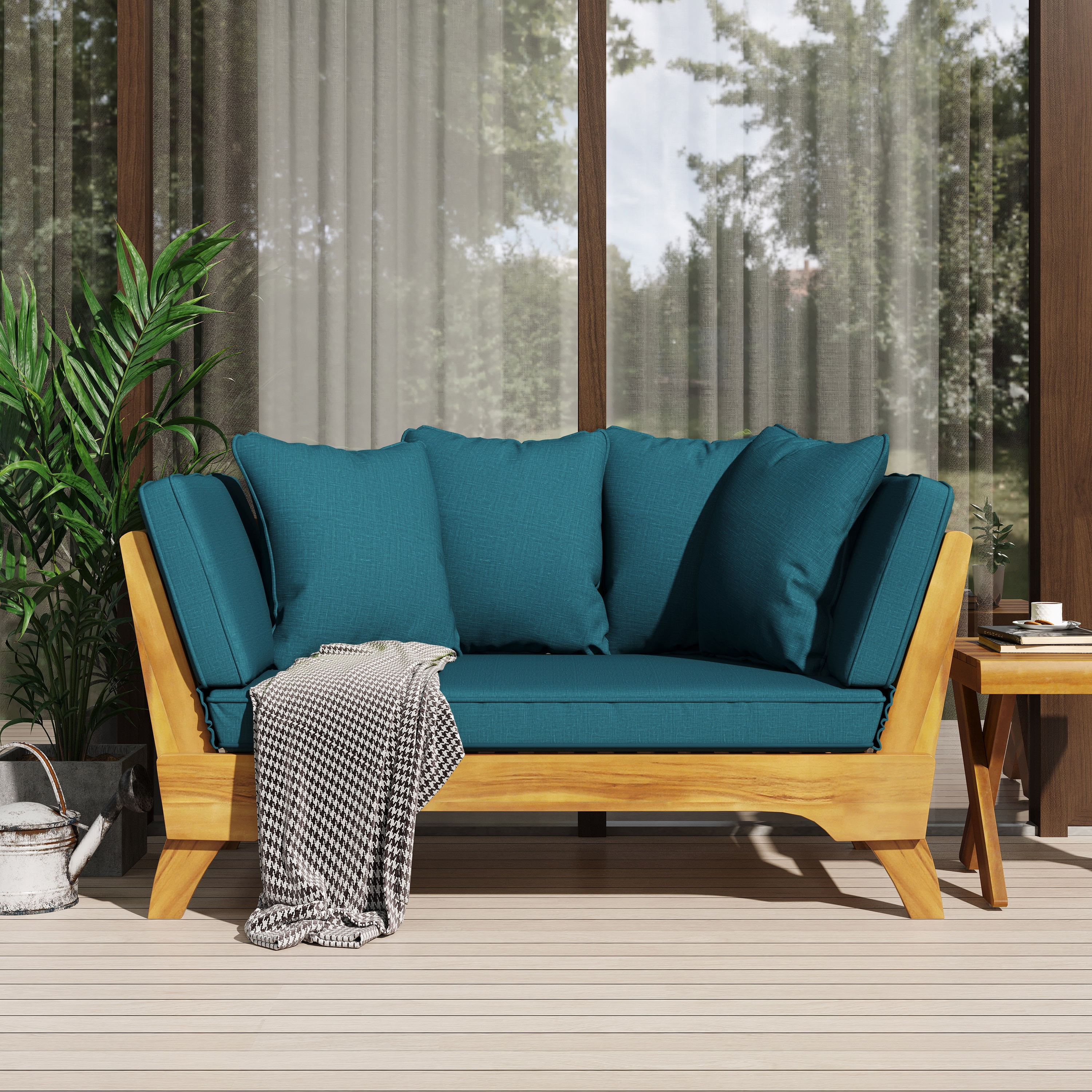 Outdoor Convertible Sofa Rest Bed with Cushions, Expandable Acacia Wood Leisure Furniture for Patio Garden, Teak and Beige