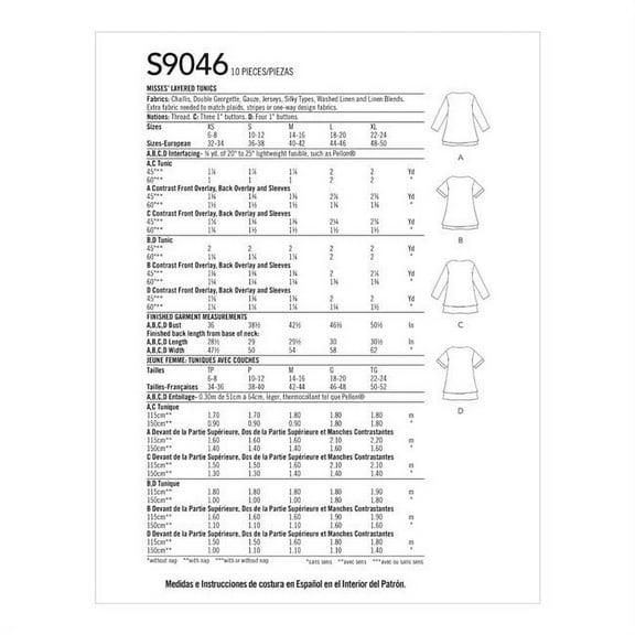 Simplicity Patterns SS9046A Extra Small-Large Misses Layered Tunics