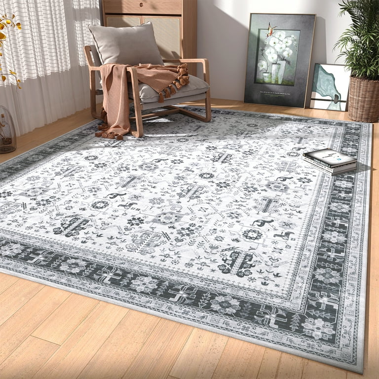 Area Rug Living Room Rugs: 8x10 Large Machine Washable Luxury Floral Carpet  Soft Non Slip Thin Carpets for Under Dining Table Farmhouse Bedroom